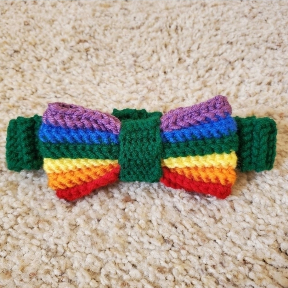 Rainbow bow tie Crochet. Hand made by me, listing for one, multi purpose crochet